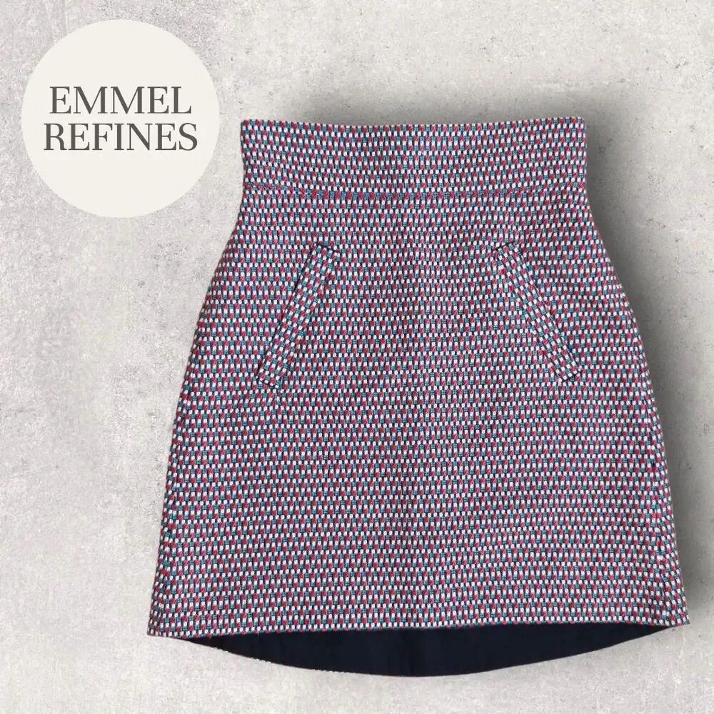 Emmel Refines Geometric Tweed Faux Pockets Fitted Waist A-Line Mini Skirt M